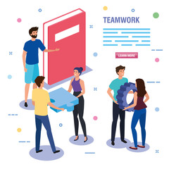 teamwork people with book and icons