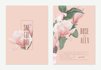 Floral wedding invitation card template design, pink Anise magnolia flowers and calla lily on light red, pastel vintage theme