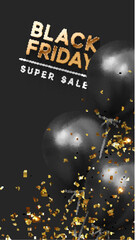 Black Friday Sale. Festive Background with realistic balloons. Group ballons in color black. Discount super sale off. Banner, posters or flyers design, social networks, social media, story template