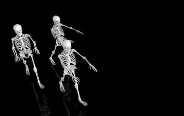 3d rendering. Ghost  human skull skeleton bones walking on black background. Horror Halloween concept.