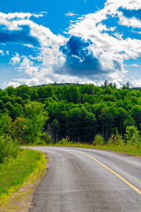 A paved rural road comes to a bend at the base of a forested hill, which extends up towards a blue sky with an interesting cloud formation.