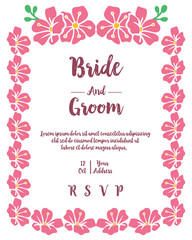 Template of invitation bride and groom, with design element of pink flower frame. Vector