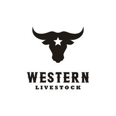 Western Bull Cow Buffalo Longhorn Head silhouette with star for Ranch Farm Livestock logo design