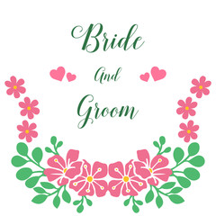 Place for text, bride and groom, romantic, with graphic of pink floral frame. Vector