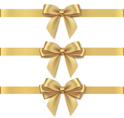 Set of decorative golden bows with horizontal yellow ribbon isolated on white background. Vector illustration