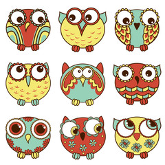 Set of nine funny various oval owls
