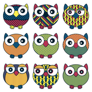 Set of nine funny and cute various oval owls