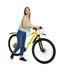 Fototapeta na wymiar Happy young woman with bicycle on white background