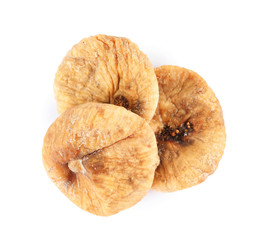 Tasty dried figs on white background, top view