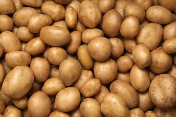 Raw fresh organic potatoes as background, top view