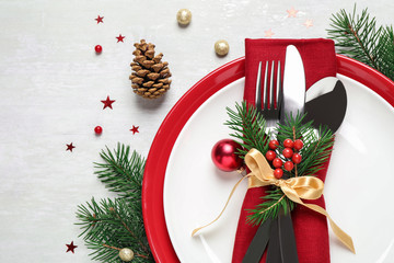 Christmas table setting on white background, flat lay