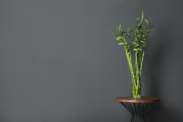 Vase with bamboo stems on table against grey wall, space for text