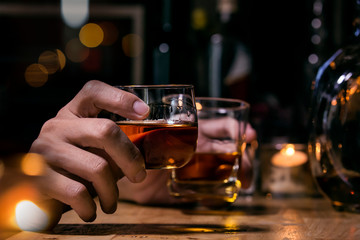 Bartender Serve Whiskey, on wood bar, 