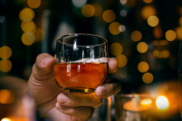 Bartender Serve Whiskey, on wood bar,