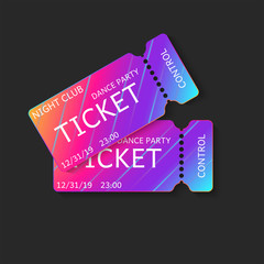 Two tickets vector 3d isolated mockup night club dj dance party or music concert, vip coupons template with modern gradient on black background