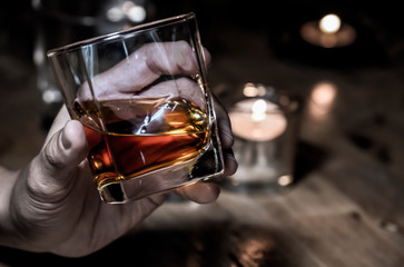 Bartender Serve Whiskey, on wood bar, 