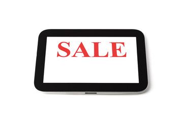 Tablet computer on white background, black frame, white screen lettering sale, isolated.