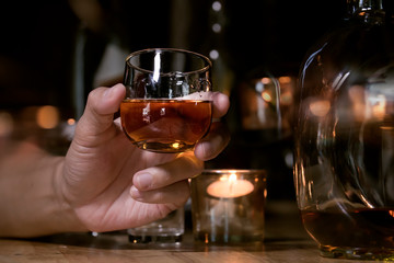 Bartender Serve Whiskey, on wood bar,