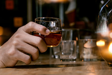 Bartender Serve Whiskey, on wood bar, 