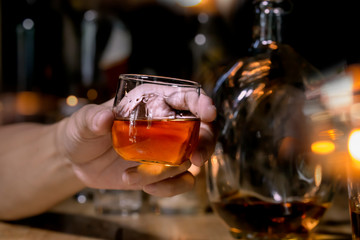Bartender Serve Whiskey, on wood bar, 