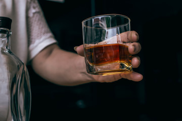 Bartender Serve Whiskey, on wood bar,