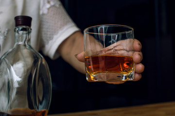 Bartender Serve Whiskey, on wood bar