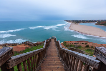 Fototapeta na wymiar The boardwalk staircase at the Onkaparinga Mouth lcoated at Southport Port Noarlunga South Australia on 4th September 2019