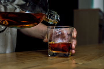 Bartender Serve Whiskey, on wood bar,