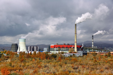 Industrial cities and air pollution fog from chimney of a chemical plant in Ulaanbaatar, Mongolian