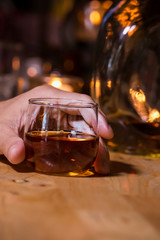 Bartender Serve Whiskey, on wood bar, 