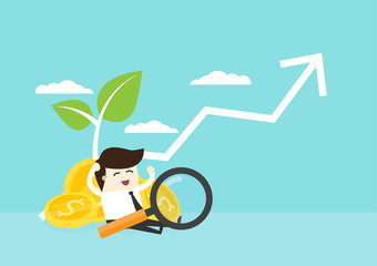 Business man sit on money stack with graph investment, financial savings long-term deposit investment .