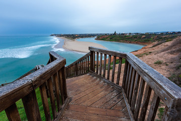 Fototapeta na wymiar The boardwalk staircase at the Onkaparinga Mouth lcoated at Southport Port Noarlunga South Australia on 4th September 2019