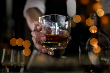 Bartender Serve Whiskey, on wood bar, 