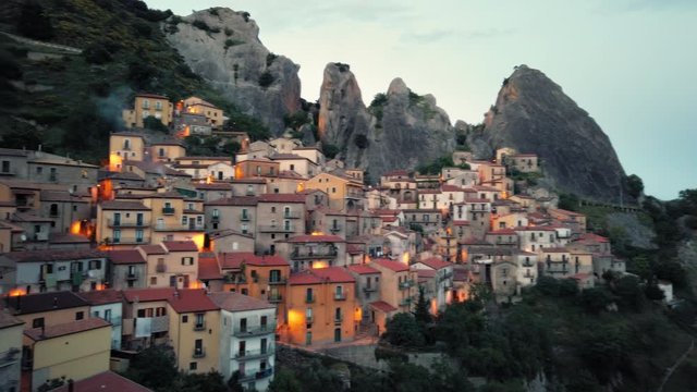 Panning shot of Castelmezzano - Italian mountain village located in the Dolomiti lucane mountains, province of Potenza, in the Southern Italian region of Basilicata