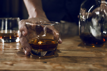 Bartender Serve Whiskey, on wood bar,
