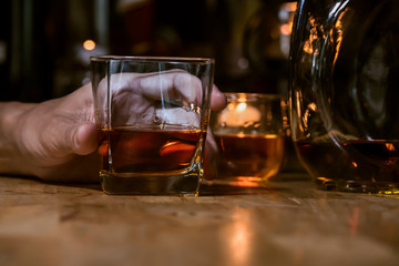 Bartender Serve Whiskey, on wood bar,