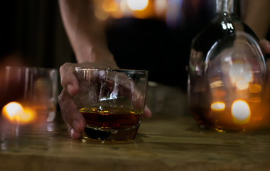 Bartender Serve Whiskey, on wood bar, 