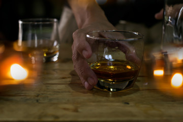 Bartender Serve Whiskey, on wood bar, 