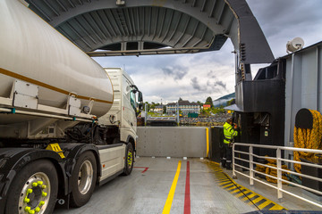 Passenger viewpoint of car deck of ferry on Norwegian fjord