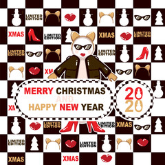 greeting card with Snowman with shoes, jacket, Cat ears ring and Glasses kitty and inscription merry christmas