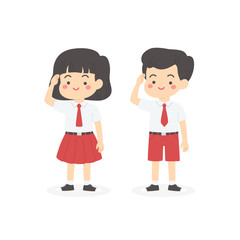 Cute Indonesian Elementary School Boy Girl Student Wearing Red and White Uniform Giving Salute Independence Day Cartoon Vector Illustration