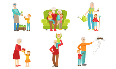 Grandparents Spending Time with Grandchildren Set, Grandfather and Grandmother Playing, Working in the Garden,Having Fun with their Grandsons and Granddaughters Vector Illustration