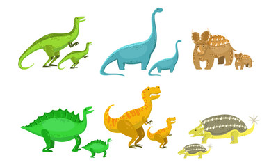 Cute Mother and Baby Dinosaurs Set, Loving Parents and Kids Prehistoric Animals Vector Illustration