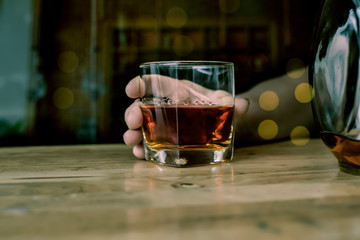 Bartender Serve Whiskey, on wood bar, 