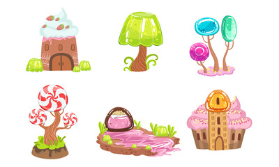 Candy Land Set, Sweet Fantasy Landscape Elements, House, Trees, Plants, Computer or Mobile Game Assets Vector Illustration