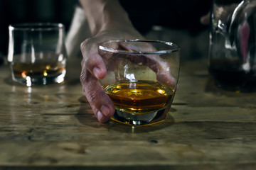 Bartender Serve Whiskey, on wood bar, 