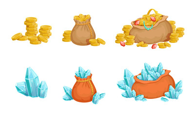 Bags with Crystals and Golden Coins, Treasure Elements for Game User Interface Assets Vector Illustration