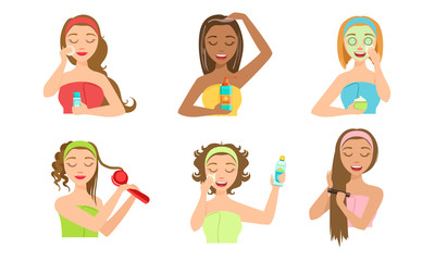 Beautiful Girls Applying Different Facial Masks Set, Young Women Caring for Facial Skin Vector Illustration