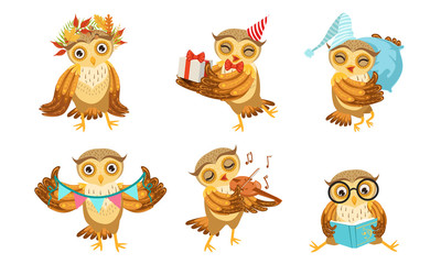 Cute Owl Cartoon Character Set, Adorable Funny Bird Different Activities Vector Illustration