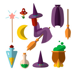 Cute flat vector set of witch, witchcraft items - flying young witch on a broomstick, bottles of poison, boiled poison in a cauldron, hat, magic wand and other magical wizardry elements isolated on